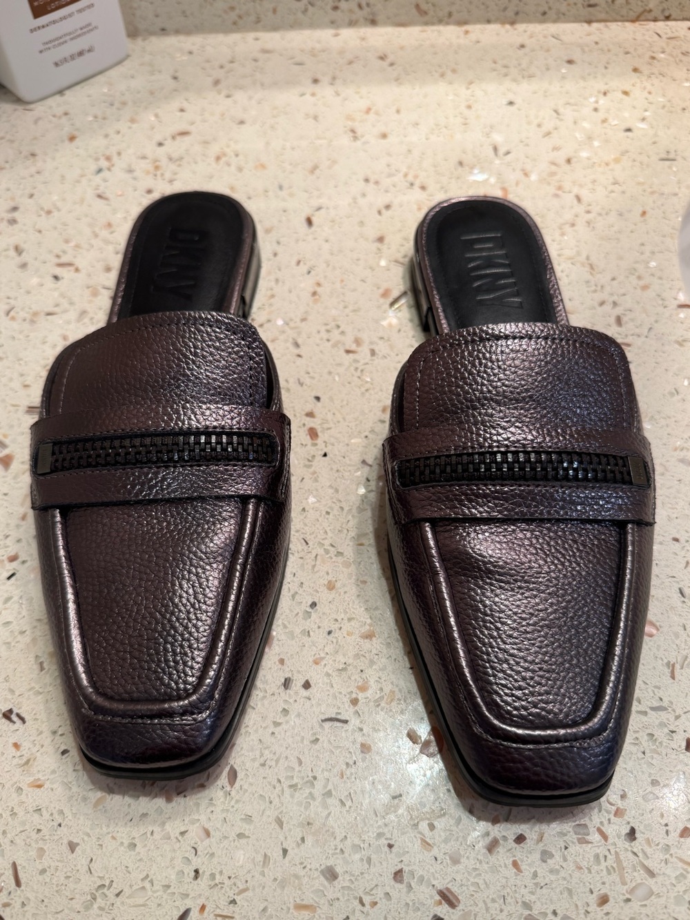 DKNY Women’s Pewter Leather Slide Loafers - Slip-On Comfort, size 8